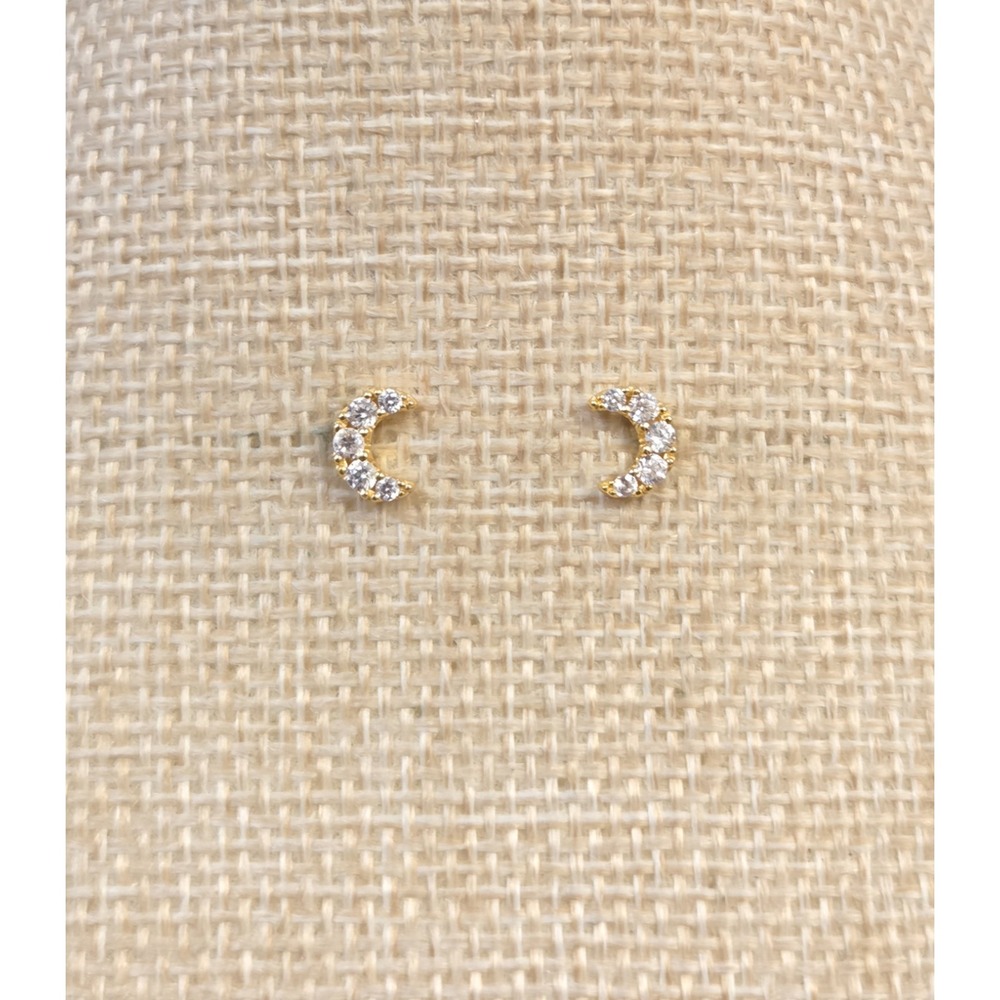 Sterling Silver Crescent Moon Stud Earrings CZ Paved Gold Tone